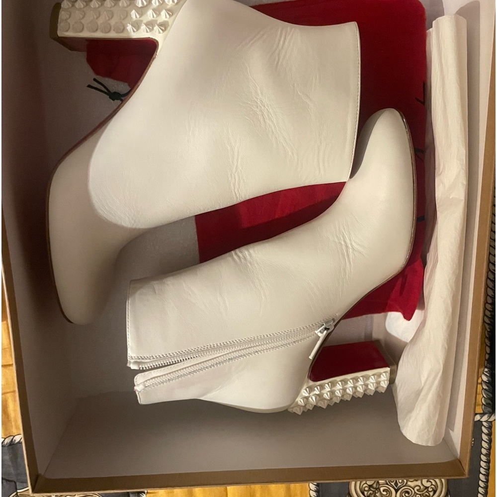 Christian Louboutin White Leather Studded Heel Ankle Boots
